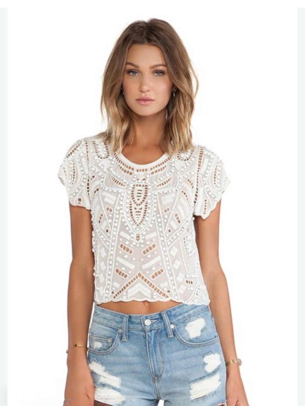Lovers + Friends White Embroidered Crochet Crop Top